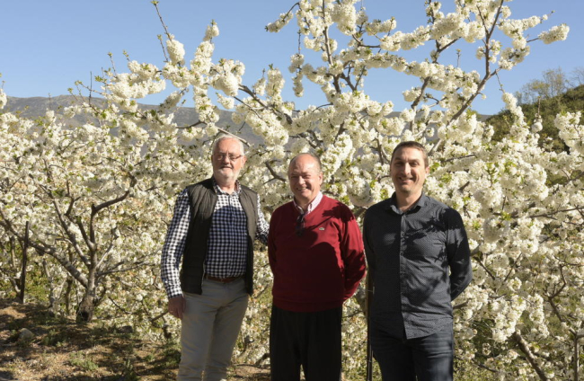 Curso de formación para agricultores, amas de casa y jóvenes dedicados a enseñar los campos floridos de Aitona. A la derecha, el alcalde de Torres (i.) en el valle del Jerte.