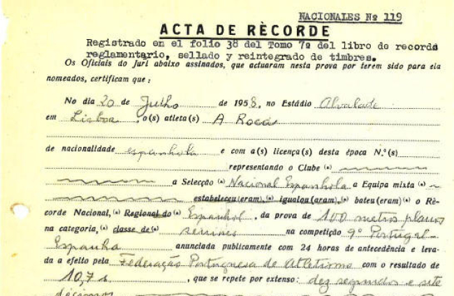 Acta d'homologació del rècord d'Espanya que Armando va batre el 1958.