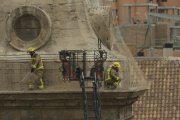 Los bomberos tuvieron que cortar la red antinidos para liberar a otras cuatro cigüeñas atrapadas. 