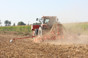 Imagen de un tractor en un campo de cereal en Gimenells.