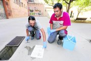 Un control en un sumidero de la ciudad y, a la derecha, el momento de la colocación de una de las trampas para capturar mosquitos.