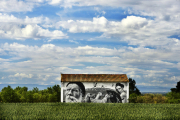 entorn rural. Una fotografia que no necessita paraules per descriure la fusió de l’entorn rural i l’art, en aquest cas de S. Waknine a Penelles. A sota, l’alcalde i els organitzadors davant una obra de BK FOXX / ZESO WF.  