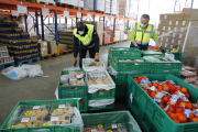 Preparación de provisiones en el almacén del Banc dels Aliments de Lleida, en el polígono Neoparc. 