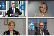Josep Maria Sanuy, Mercedes Ayuso, Mar Olmedo i Luis Vadillo durant el webinari de SEGRE i BBVA.