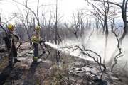 Bomberos trabajando ayer por la tarde en el incendio de Montargull, en Artesa de Segre.