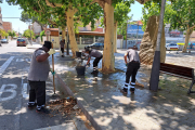 Un grupo de operarios barre y limpia con agua a presión la plaza Sant Jordi, ayer por la mañana. 