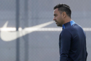 Xavi Hernández, durant la sessió d’entrenament d’ahir.