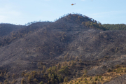 Medios aéreos de los Bomberos durante las tareas de extinción ayer en La Granja d’Escarp. 