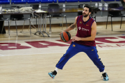 Ricky Rubio, entrenant-se ahir al Palau Blaugrana.