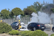 Un bomber sufocant l’incendi de dos cotxes ahir a l’avinguda Pinyana.