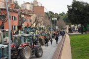 Una columna dels tractors arribats des de diferents punts de Lleida davant la seu d’Agricultura. - JORGE AGUSTÍN