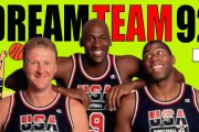 Larry Bird, Michael Jordan y Magic Johnson promocionando el Dream Team.