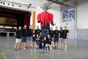 Membres de la colla Borjuts de les Borges, amb el seu nou gegant, el primer construït mitjançant tecnologia 3D a Catalunya. - ACN / ANNA BERGA