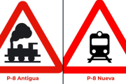 La señal P-8 (peligro por la proximidad de un paso a nivel no provisto de barreras o semibarreras) ha actualizado el icono para adaptarse a los tiempos.