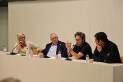 125 anys del Barça. Debat ahir a la sala Alfred Perenya sobre la història de l’equip blaugrana, moderada per la periodista Anna Gómez i amb la participació d’Antoni Gelonch, David Carabén i Ramon Piqué. - AMADO FORROLLA