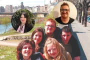 Foto de grup de Laura (a l’esquerra) i Adrià (a dalt) amb altres estudiants en el reportatge fa 20 anys, i les seues fotos actuals.