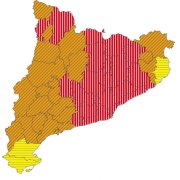 Mapa de perill per vent a Catalunya per a aquest djious, amb comarques en vermell, perill màxim.