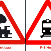 La señal P-8 (peligro por la proximidad de un paso a nivel no provisto de barreras o semibarreras) ha actualizado el icono para adaptarse a los tiempos.