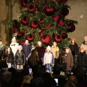 L’Orfeó Lleidatà va protagonitzar ahir a la tarda un concert nadalenc a la plaça Paeria amb els cors infantils i la coral adulta. - AMADO FORROLLA