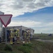 Bolca un camió carregat de porcs a la rotonda de l'A-14 a Alguaire / Amado Forrolla