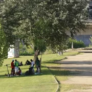 Gent refugiant-se ahir a les ombres dels arbres a Lleida. - AMADO FORROLLA