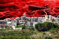 El poble de l'Albagés, a les Garrigues, des de la presa del pantà.