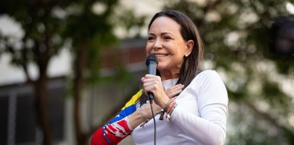La líder opositora María Corina Machado, hablando durante un acto de campaña en Caracas (Venezuela)