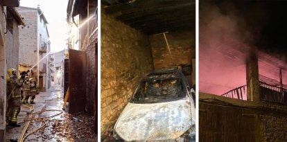 Efectius dels Bombers durant les tasques d’extinció (esquerra) i els dos vehicles que es van calcinar (dreta).