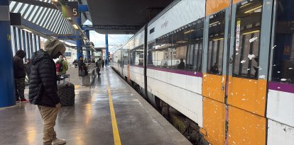 Un tren Rodalies aturat a l'estació de Lleida aquest dilluns a primera hora del matí.