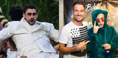 A l'esquerra, Bad Bunny durant la seua actuació de la mitja part de la Super Bowl LX. A la dreta, el mateix Bad Bunny el 28 de setembre del 2017, la primera vegada que actuava a Lleida, juntament amb Xavi Bosch, CEO de Bonöbo.