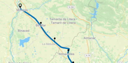 La línia de Rodalies entre Lleida i Montsó, passant per Raimat, Almacelles, La Melusa i Binèfar.