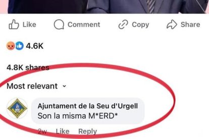 Una captura de la publicació a Facebook, difosa pel grup municipal de Junts.