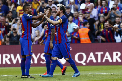 Messi celebra el gol que va fer dissabte contra el Deportivo.