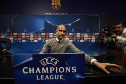 Pep Guardiola, ahir durant la compareixença davant els mitjans a la sala de premsa del Camp Nou.