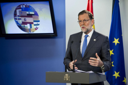 Rajoy, durant la roda de premsa que va oferir ahir a Brussel·les la reunió del Consell Europeu.