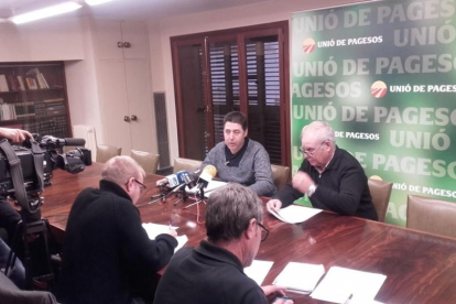 La roda de premsa d'UP aquest dimarts a Lleida.