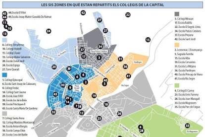 Les sis zones en què estan repartits els col·legis a Lleida ciutat