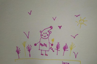 L'íker té 5 anys i ha dibuixat la Pepa Pig i plomes de colors
