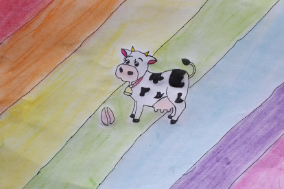 Soc L'Ariadna de 10 anys. L'Ariadna ha dibuixat la vaca de l'Esbaiolat, una vaca molt colorida i divertida, que va pasturant pels prats d'Esterri D'Aneu!