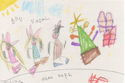 La Júlia Limia Lopez té 4 anys i ha fet aquest dibuix on surt la familia, l'arbre de nadal i els regals. Es diu 