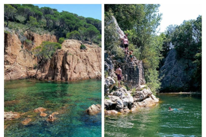 Ens hem banyat a cales que semblen gorgs. Cala a Begur (esquerra) i gorg a Albanyà ( dreta)