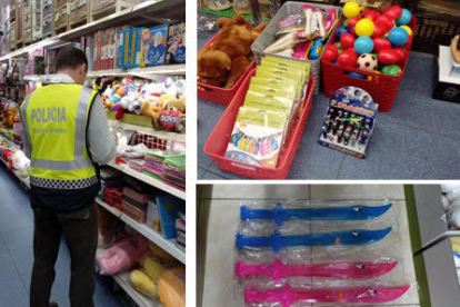 Un agente de la Urbana de Barcelona inspeccionando un establecimiento de venta de juguetes. 