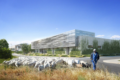 Recreación virtual del edificio que acogerá el hospital veterinario de la UdL, ubicado junto al Creba (al fondo).