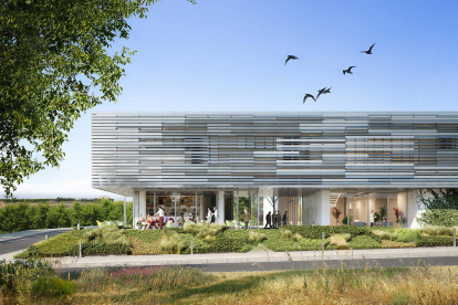 Recreació virtual de l'edifici que acollirà l'hospital veterinari de la UdL, ubicat a la vora del Creba (al fons).