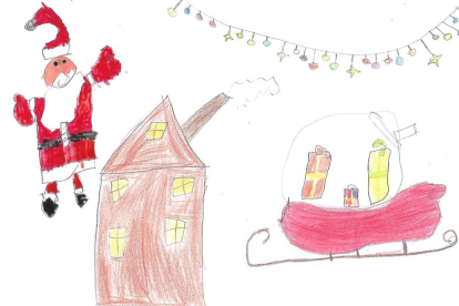 El Pau té 7 anys i  en aquest dibuix ens vol ensenyar com el  Pare Noel reparteix regals a les cases dels nens que es porten bé.