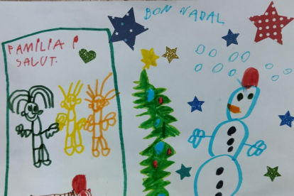 L'Aleix Alegre de 5 anys i veí de Gimenells, envia un dibuix del nadal des de casa amb la família i el tió i demana salut i estar amb la família, ja que està confinat.