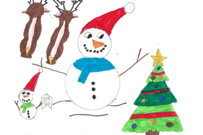 El Oriol té 9 anys i ens ha dibuixat els ninots de neu al costat de dos renos i un arbre de Nadal.