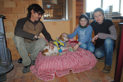 La familia de Linyola que acoge a Teo, un perro de 8 años que ha sido operado del corazón. 
