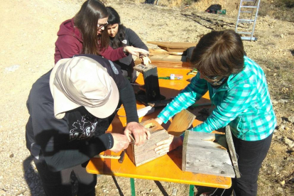 Algunos de los voluntarios preparando las cajas nido, ayer en la Muntanya d’Alinyà.