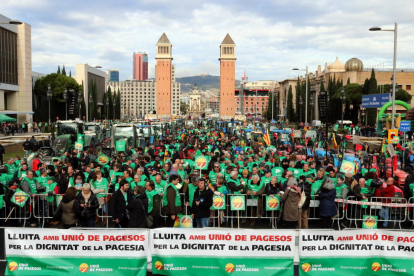 Imagen general de la concentración de la Marxa Pagesa en la avenida Maria Cristina de Barcelona.